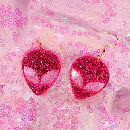 Bright pink glitter alien head y2k earrings with gold hooks from cute flame snake lightning queen alien set