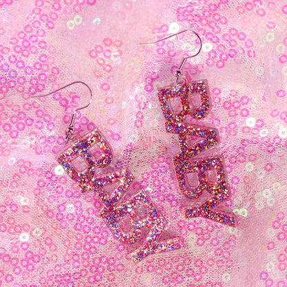 Pink glittery baby letter y2k earrings with translucent resin finish and metallic hooks for lightning queen alien look