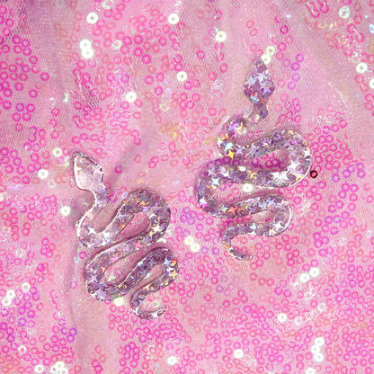 Y2k earrings featuring pink and silver glittery cute flame snake design for lightning queen alien hip hop style