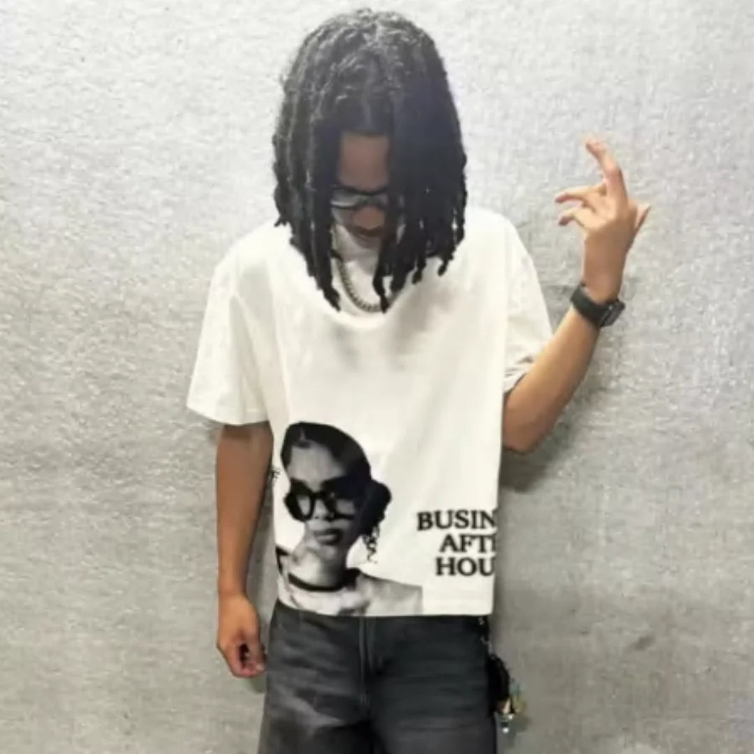 White oversized t-shirt with black and white y2k europe america hip hop graphic and business after hours text for womens retro streetwear
