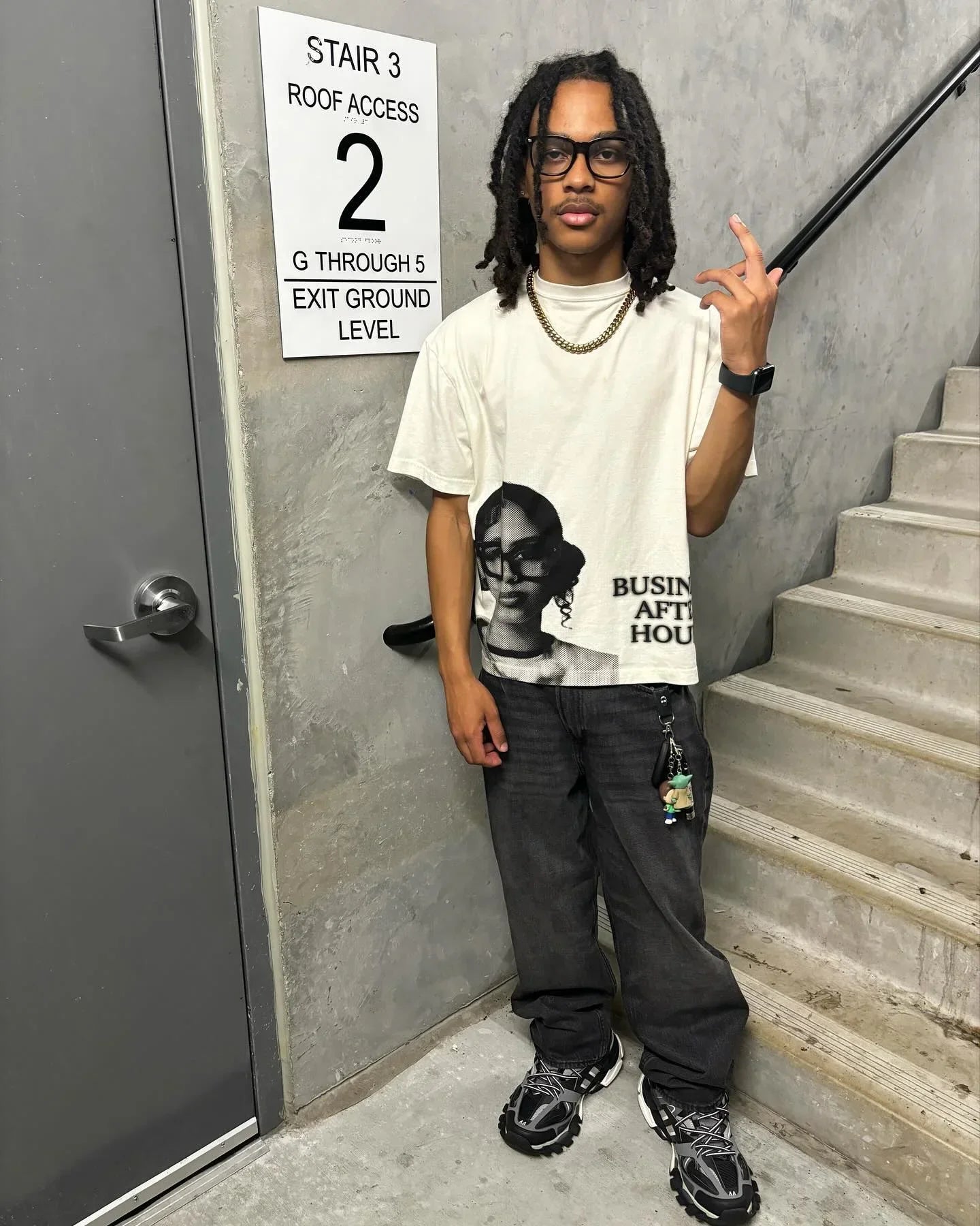 White y2k europe and america hip hop oversized t shirt with black graphic print and business after hours text womens retro street style