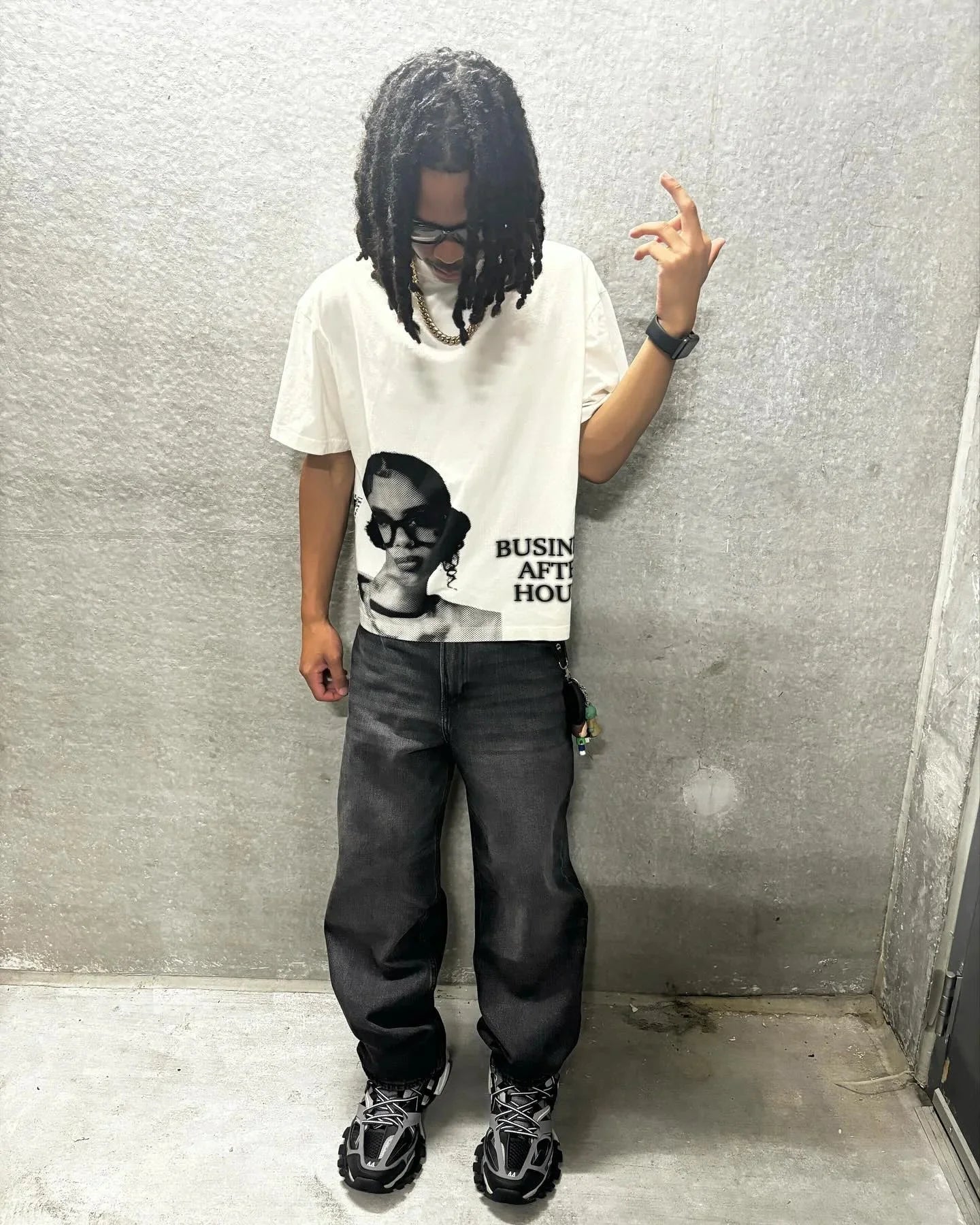 White oversized t-shirt with black and white america hip hop graphic print and business after hours text for womens retro street style