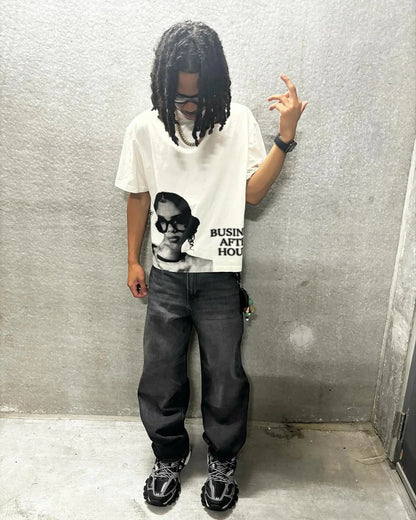 White oversized t-shirt with black and white america hip hop graphic print and business after hours text for womens retro street style