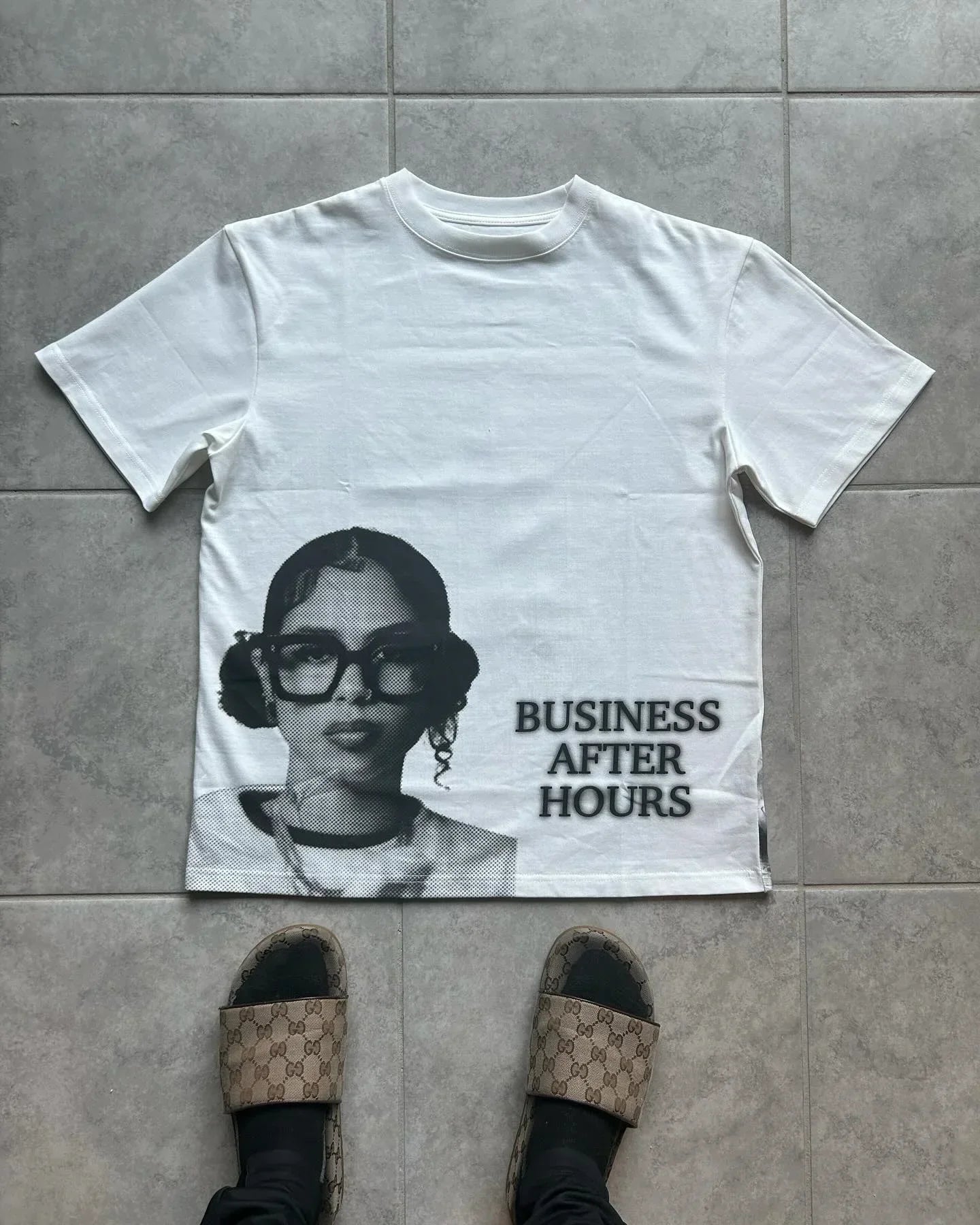 White cotton y2k europe and america hip hop womens retro street oversized t-shirt with black and white portrait and business after hours text