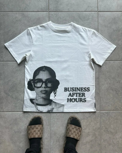 White cotton y2k europe and america hip hop womens retro street oversized t-shirt with black and white portrait and business after hours text