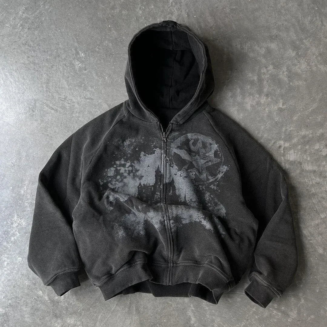 Black y2k gothic punk zip-up hoodie with faded distressed graphic and spot embroidered zipper for women fashion harajuku style