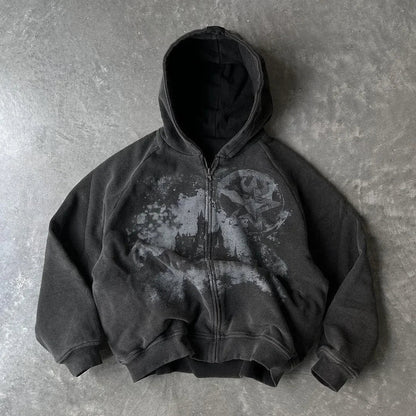 Black y2k gothic punk zip-up hoodie with faded distressed graphic and spot embroidered zipper for women fashion harajuku style