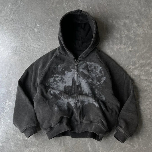Black y2k gothic punk zip-up hoodie with faded distressed graphic and spot embroidered zipper for women fashion harajuku style