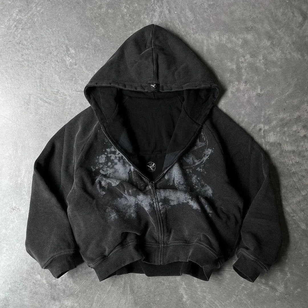 Black y2k gothic punk zip-up hoodie with faded distressed graphic and spot embroidered zipper for women fashion harajuku style