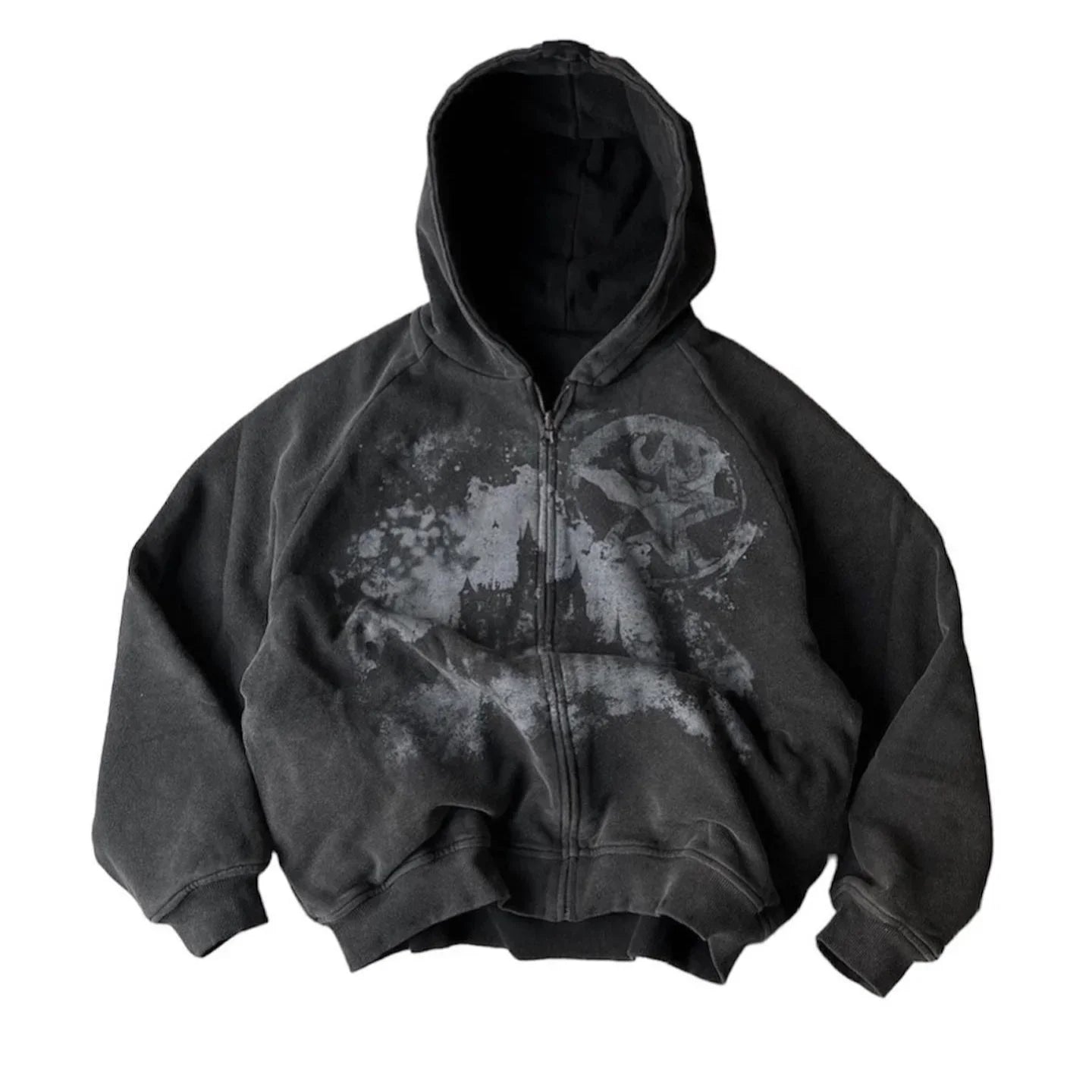 Black y2k gothic punk zip-up hoodie with faded skull and castle print and spot embroidered zipper for women fashion harajuku