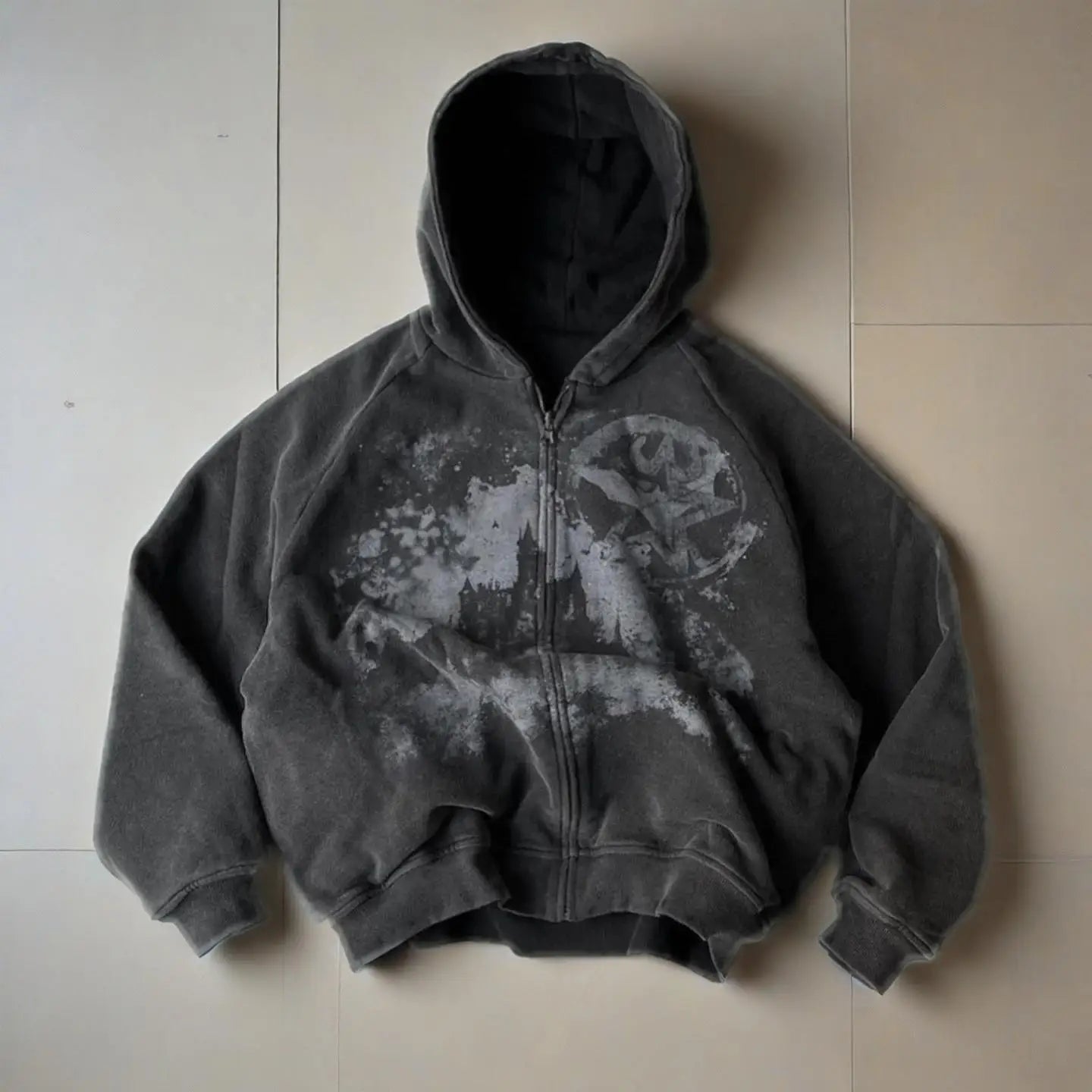 Dark gray y2k gothic punk zip-up hoodie with faded distressed graphic and spot embroidered zipper for women fashion harajuku