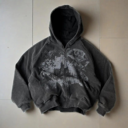 Dark gray y2k gothic punk zip-up hoodie with faded distressed graphic and spot embroidered zipper for women fashion harajuku