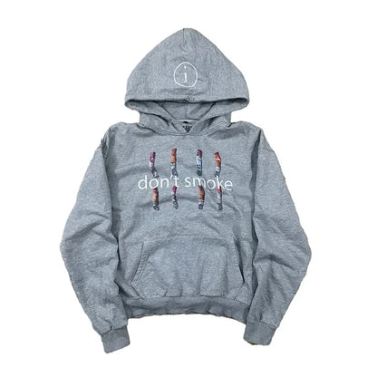 Y2k gray sports hoodie with retro smoke print graphic and white circular logo on hood vintage classic streetwear