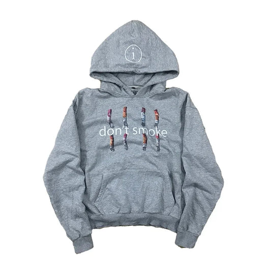 Y2k gray sports hoodie with retro smoke print graphic and white circular logo on hood vintage classic streetwear