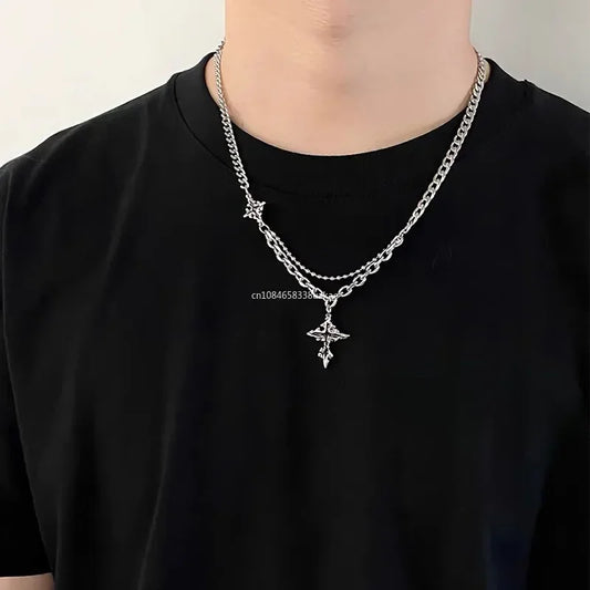 Silver color y2k grunge hip chain necklace with double layers featuring star and ornate cross pendant silver color