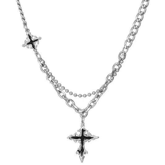 Silver chain necklace with layered y2k grunge hip design and black and cross pendant silver color for men women