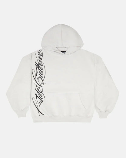 White cotton oversized zipper sweatshirt with black cursive caitlin couture logo sleeve y2k harajuku gothic style