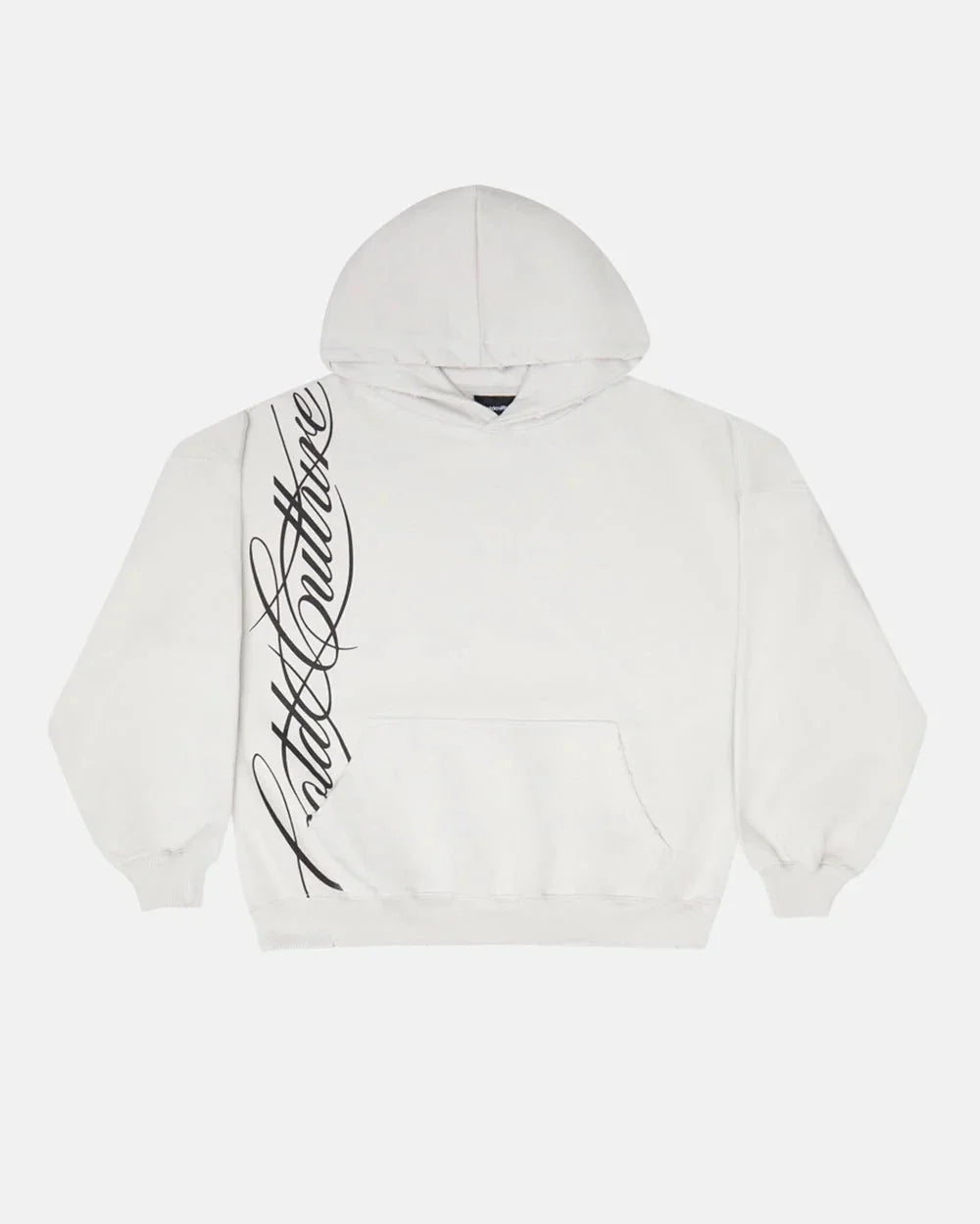 White cotton y2k harajuku gothic oversized zipper sweatshirt with black cursive caitlin couture logo on left sleeve