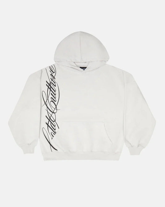White cotton y2k harajuku gothic oversized zipper sweatshirt with black cursive caitlin couture logo on left sleeve
