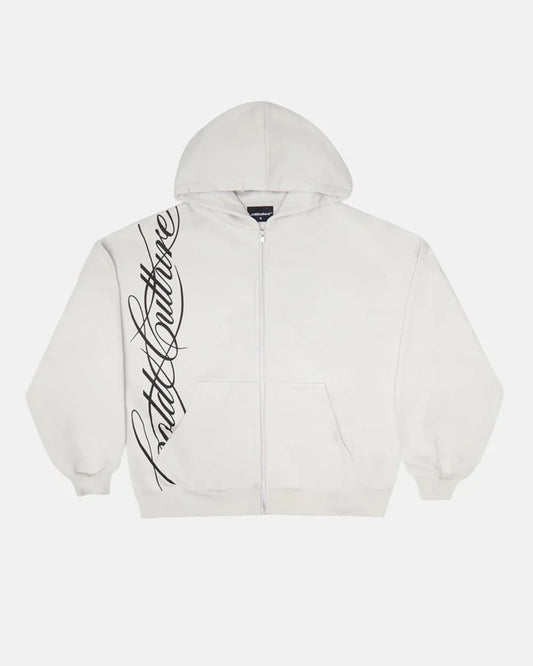 Off-white y2k harajuku gothic zip-up hoodie with black cult culture logo on sleeve oversized zipper sweatshirts