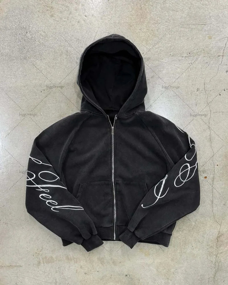 Black y2k harajuku gothic zip-up hoodie with white cursive lettering on sleeves oversized zipper sweatshirts for men and women