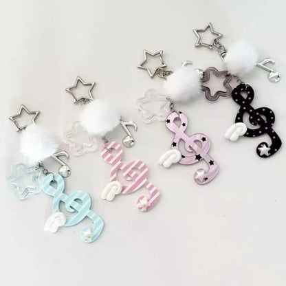 Pastel-colored y2k harajuku musical keychains with acrylic heart pendants and korean trendy chain star hooks and pom-poms