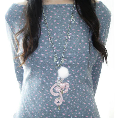 Delicate silver chain necklace with white pom-pom pink and silver heart charms and pink key pendant for women harajuku kawaii