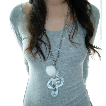 Silver chain necklace with white fluffy pom-pom and ornate musical note pendant for women harajuku kawaii korean fashion chain jewelry musical notes
