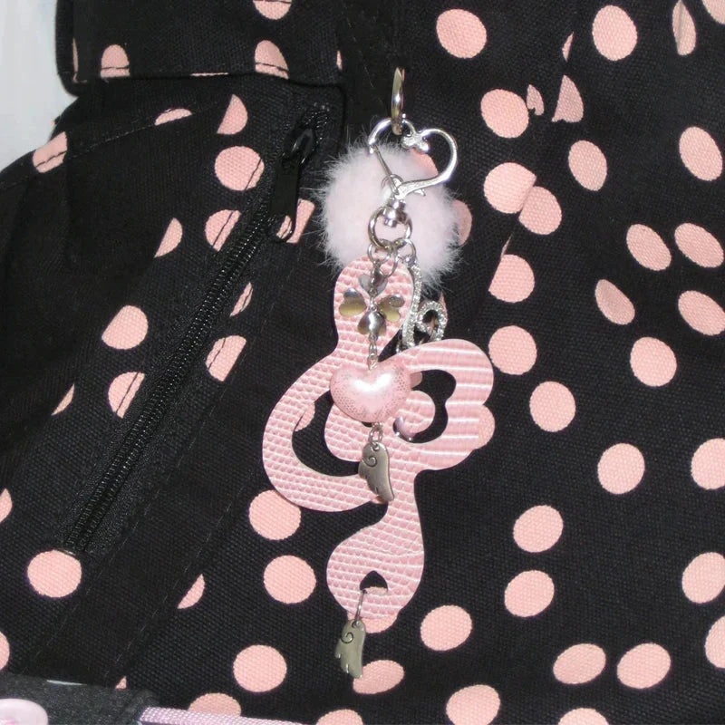 Pink jewelry musical notes keychain with fluffy white pom-pom silver charms striped texture for women harajuku kawaii style