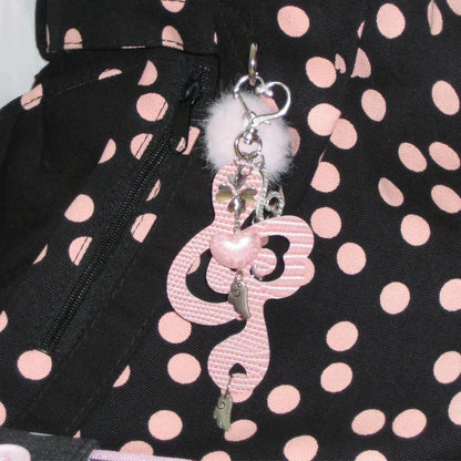 Pink jewelry musical notes keychain with fluffy white pom-pom silver charms striped texture for women harajuku kawaii style