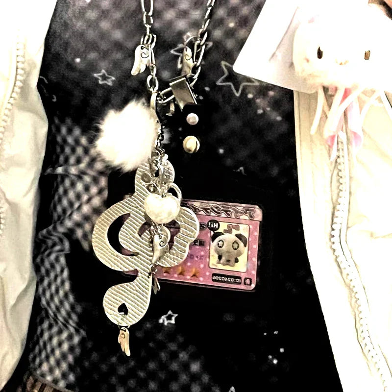 Silver metallic treble clef pendant with white pom-pom and pearls in korean fashion chain for women harajuku kawaii jewelry musical notes