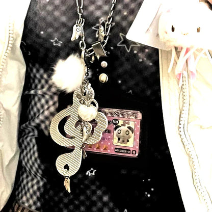 Silver metallic treble clef pendant with white pom-pom and pearls in korean fashion chain for women harajuku kawaii jewelry musical notes