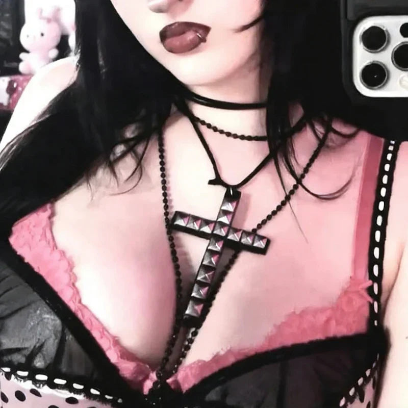 Black wooden cross rivet necklace with silver studs and black beaded chain y2k jewelry hip hop grunge accessory