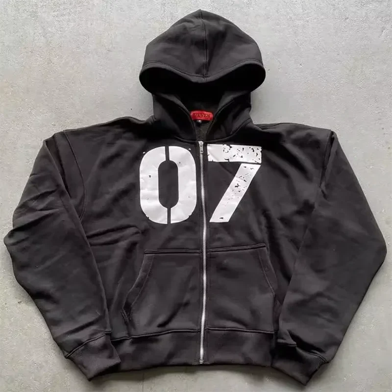 Black zip-up hoodie with distressed white 07 graphic part of y2k streetwear casual baggy spring hip-hop set