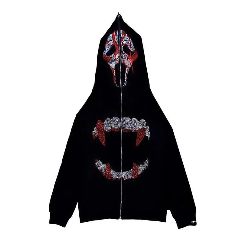 Black y2k rhinestones zip hoodie for men gothic style featuring skull and teeth design with red silver rhinestones