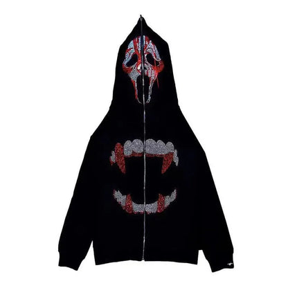 Black y2k rhinestones zip hoodie for men gothic style featuring skull and teeth design with red silver rhinestones