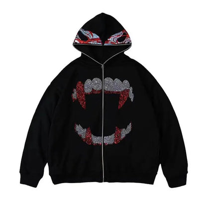 Black y2k rhinestones zip hoodie with glittering smiley face and red silver rhinestone hood trim for streetwear women oversize and hoodies men gothic style