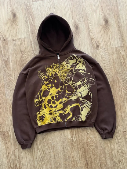 Brown zip-up hoodie with bold yellow and black anime combat graphic for y2k stands hiphop jojo hoodies harajuku style