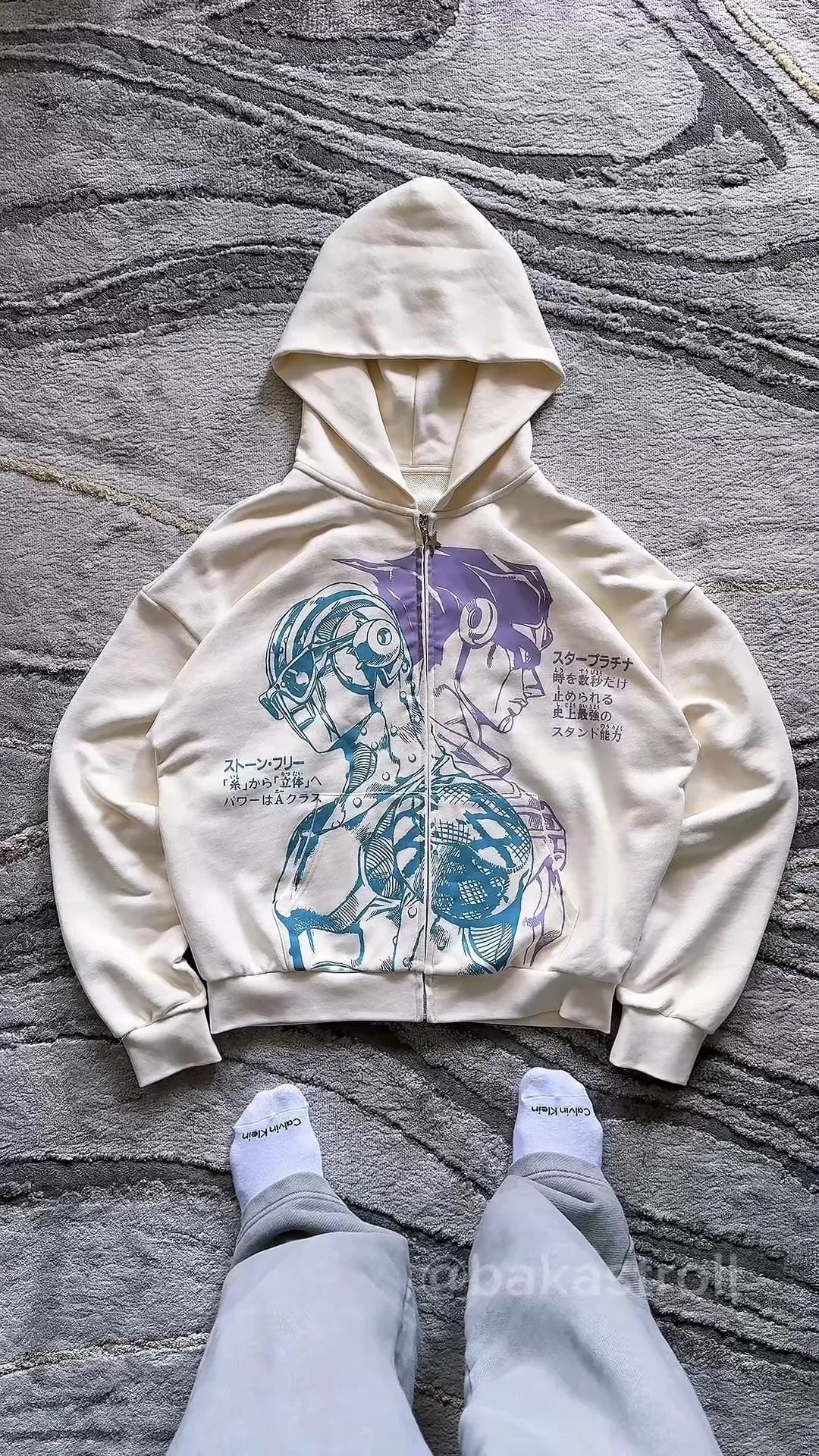Cream-colored zip-up hoodie with detailed blue and purple anime graphic featuring y2k stands hiphop jojo hoodies harajuku style