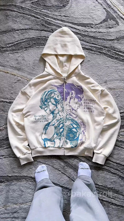 Cream-colored zip-up hoodie with detailed blue and purple anime graphic featuring y2k stands hiphop jojo hoodies harajuku style
