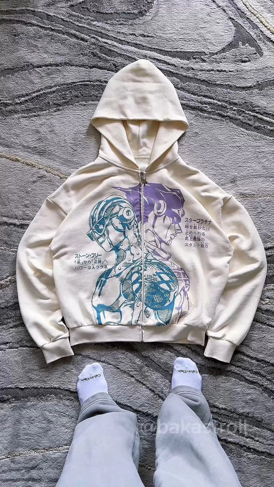Cream-colored zip-up hoodie with detailed blue and purple anime graphic featuring y2k stands hiphop jojo hoodies harajuku style