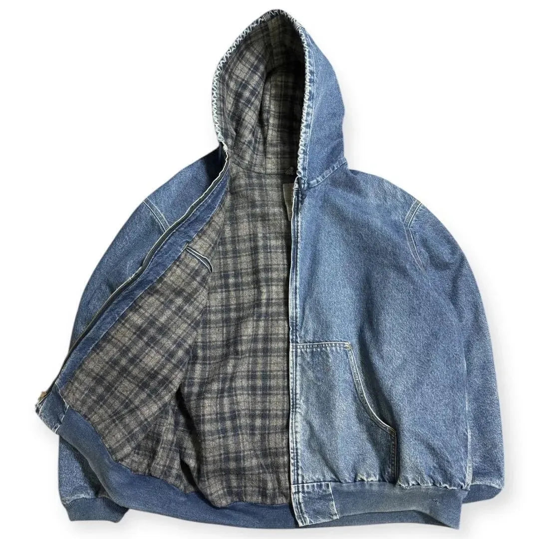 Blue denim y2k vintage oversized embroidered hooded jacket with plaid gray and black interior lining for streetwear