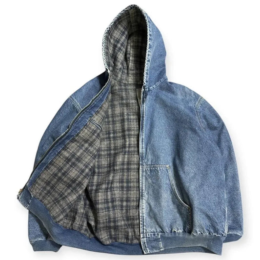 Blue denim y2k vintage oversized embroidered hooded jacket with plaid gray and black interior lining for streetwear