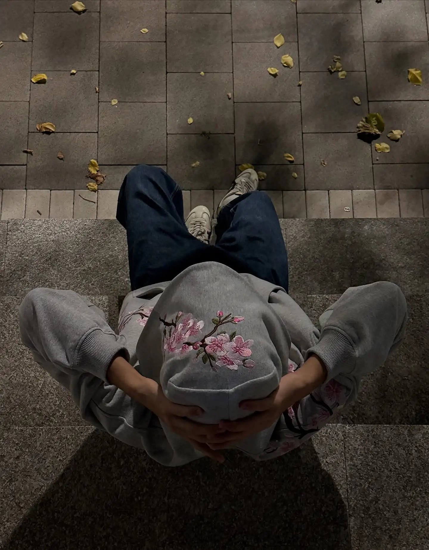 Gray y2k vintage oversized embroidered hooded jacket with pink cherry blossom embroidery on front and sleeves