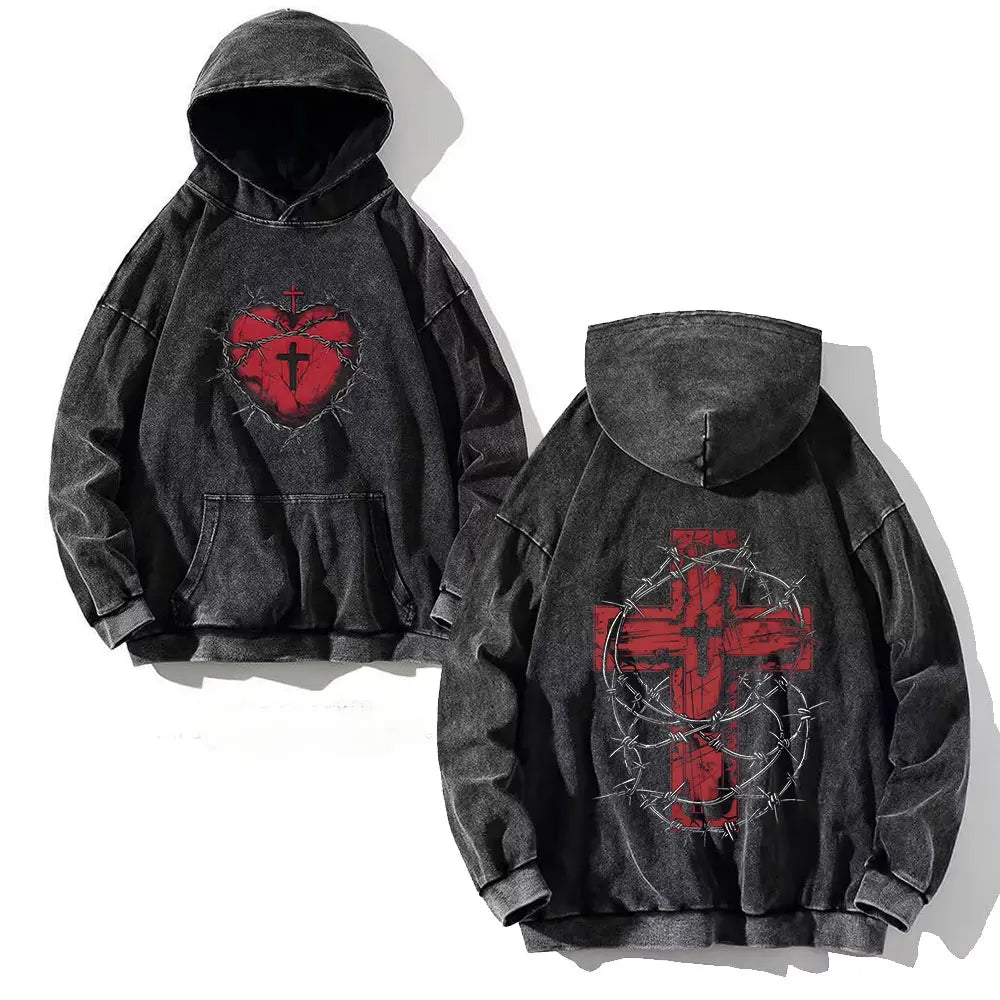 Black y2k washed hoodie with bold red heart and men skull cross print encircled by barbed wire vintage cotton pullover