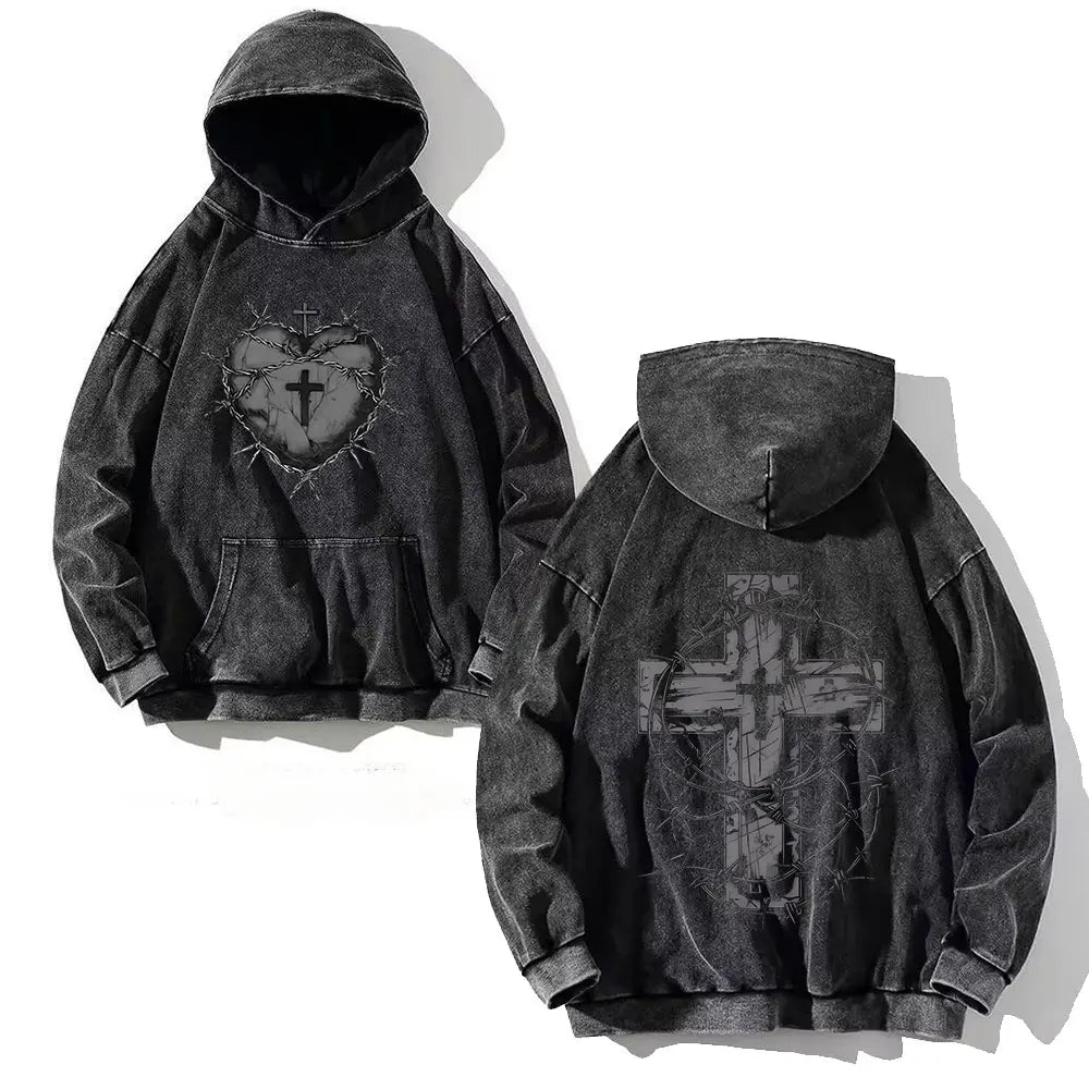 Black y2k washed hoodie with heart and cross skull print and barbed wire details made of vintage cotton for men and women