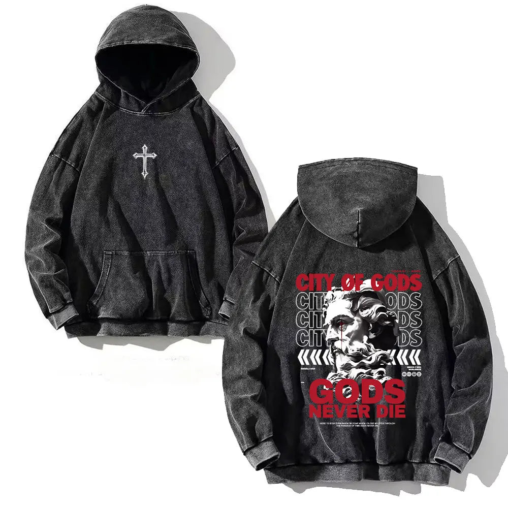 Black distressed y2k washed hoodie with white men skull cross print and city of gods graphic on vintage cotton fabric