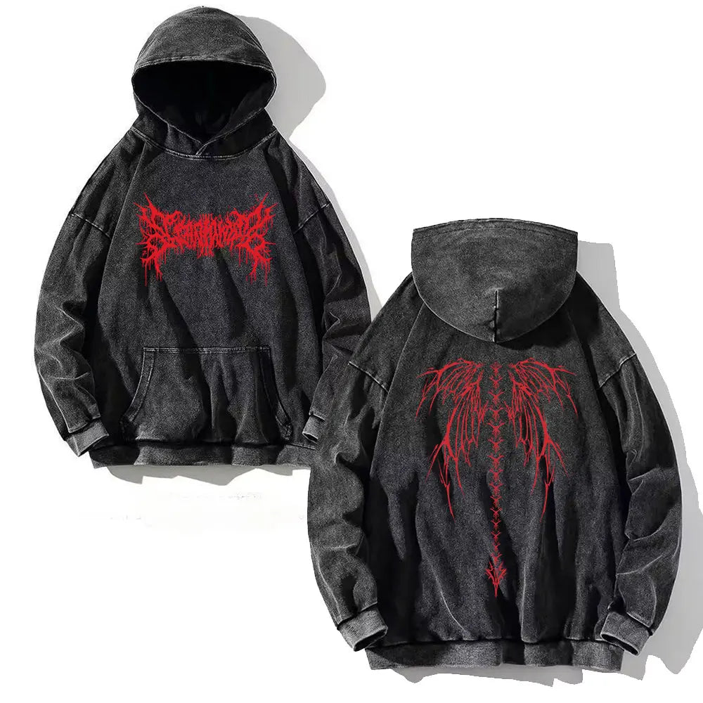 Black hoodie with red skull cross graphic and distressed texture front and back y2k washed hoodies vintage cotton pullover