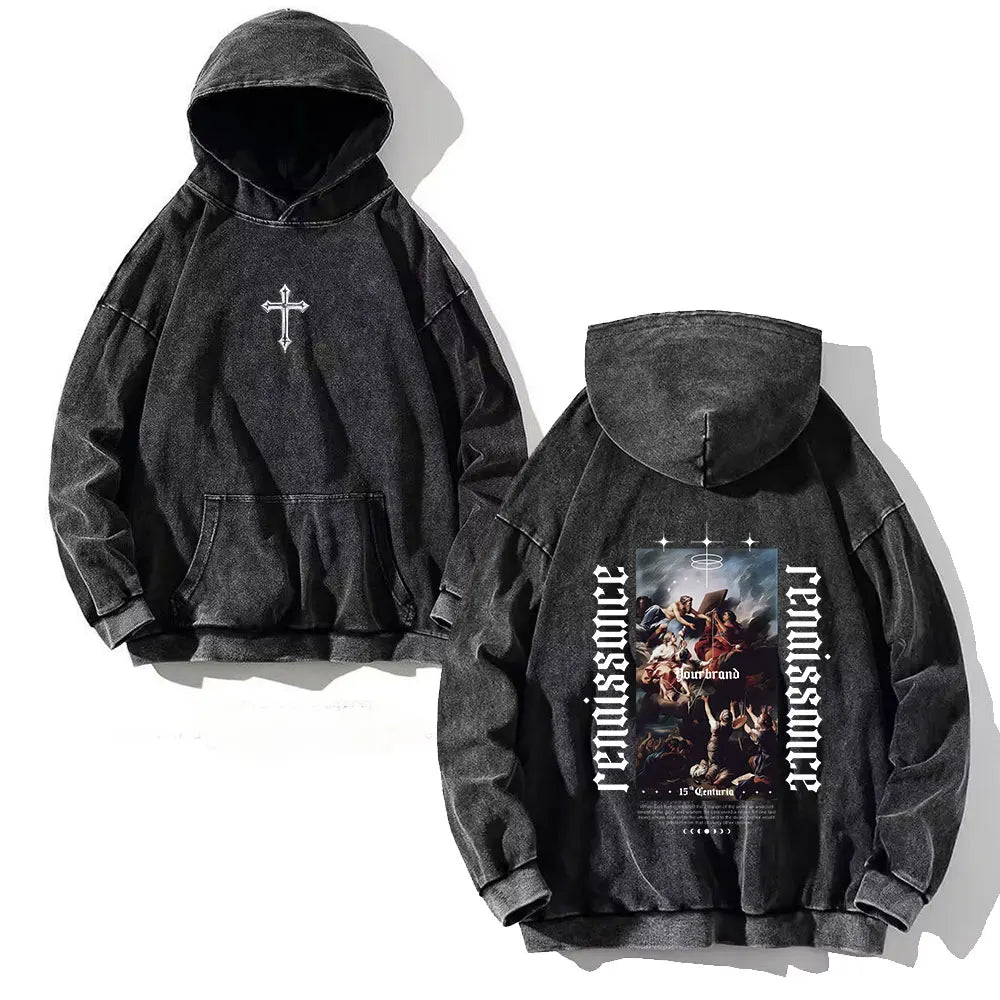 Black y2k washed hoodie with white cross front and renaissance skull cross print on back made of vintage cotton