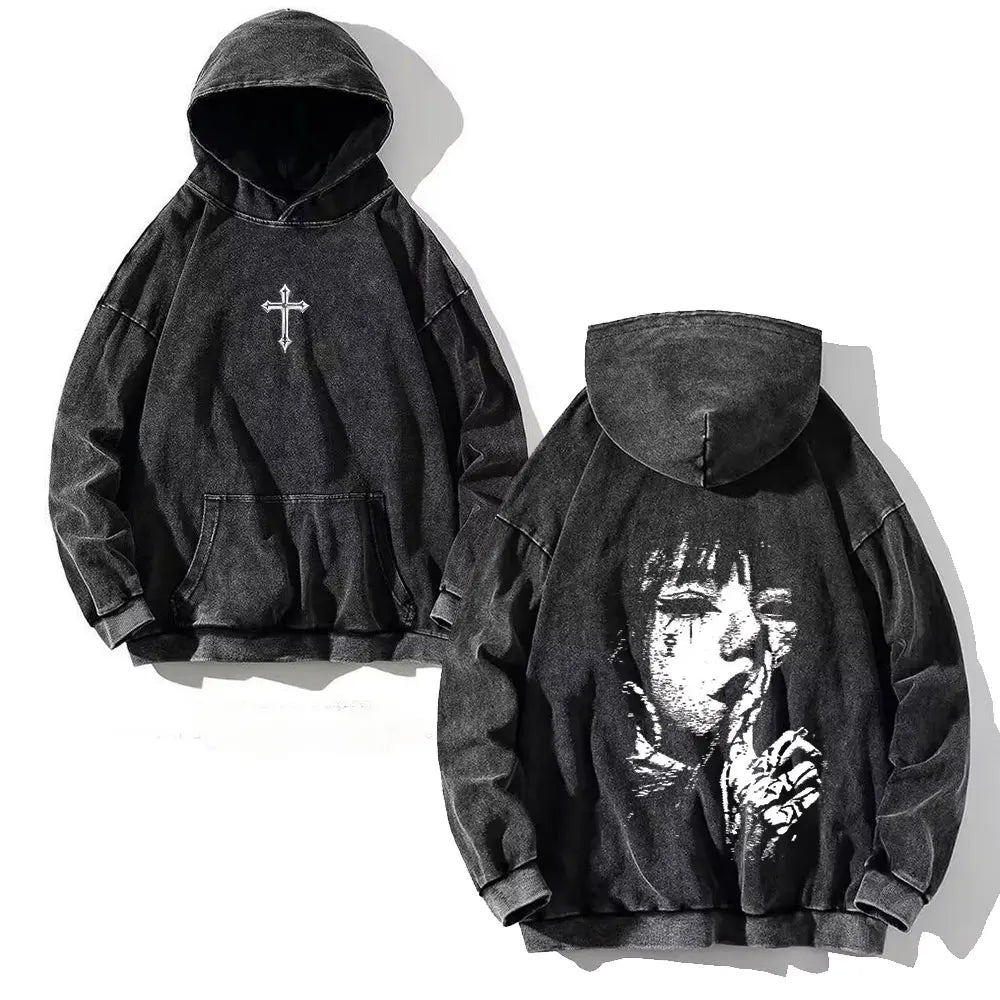 Black y2k washed hoodie with white cross front and black-and-white graphic face print on back vintage cotton men skull cross